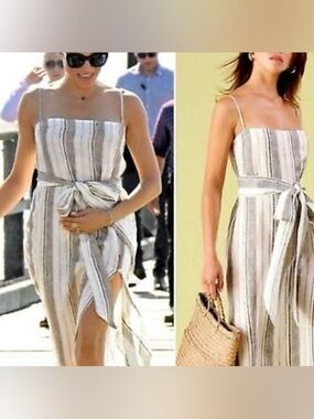 Reformation linen striped midi dress with tie belt summer resort size XS